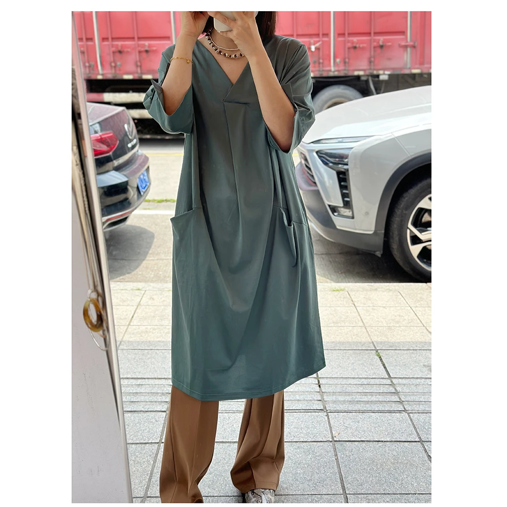 ML9004   夏季新款宽松中长款侧口袋V领短袖连衣裙