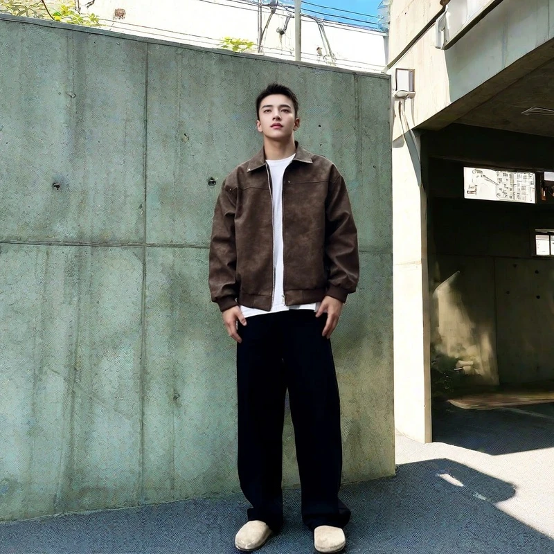 美式复古铆钉夹克2024春秋做旧皮衣外套男cleanfit上衣休闲男外套