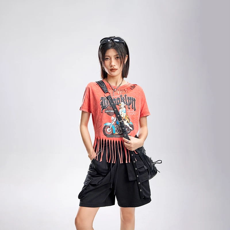 流苏T恤女破洞短款宽松夏季2024年新款美式复古上衣X30421