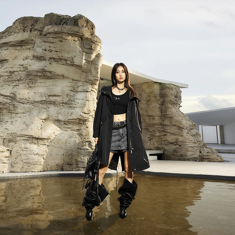 潮牌工装风衣外套连帽2024秋冬新款高级感宽松中长款冲锋衣Q40198