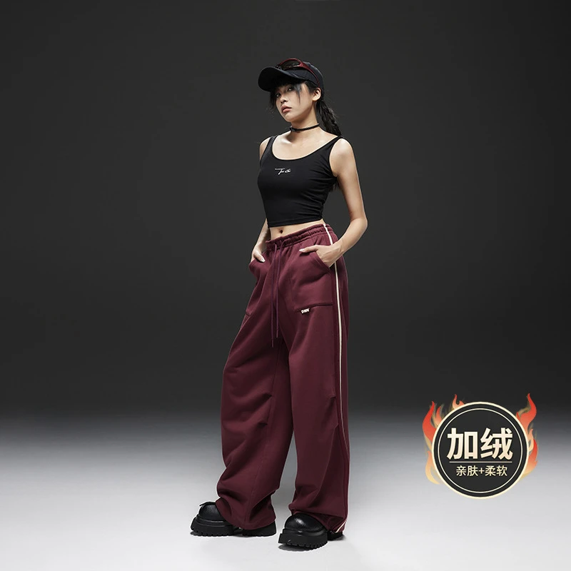 美式高街条纹撞色阔腿卫裤女秋冬新款潮牌宽松垂感拖地休闲D40573