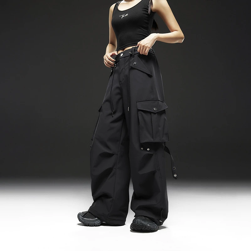 美式运动直筒工装裤2024秋新款宽松高腰拖地口袋抽绳休闲裤D40259