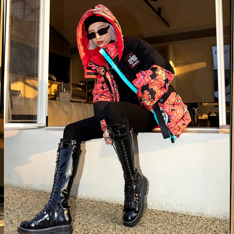 壹缺炸街碎花羽绒服撞色拼接新款反季中长款鸭绒外套D40879