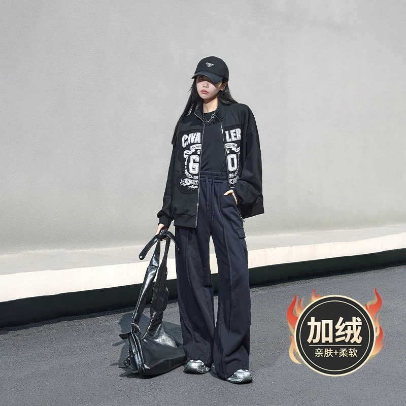 潮牌刺绣连帽加绒卫衣女情侣宽松厚外套女D30526