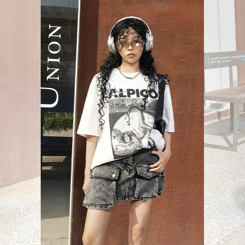 女装印花高街美式宽松oversize情侣上衣潮牌短袖T恤女夏C40380