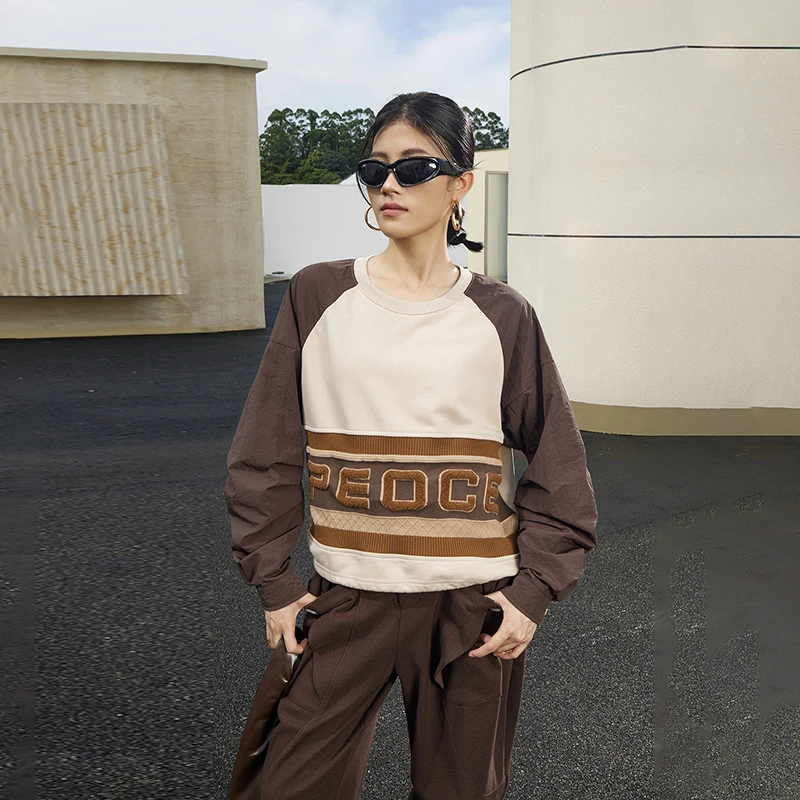 长袖针织休闲宽松圆领拼接撞色拼色Q40033