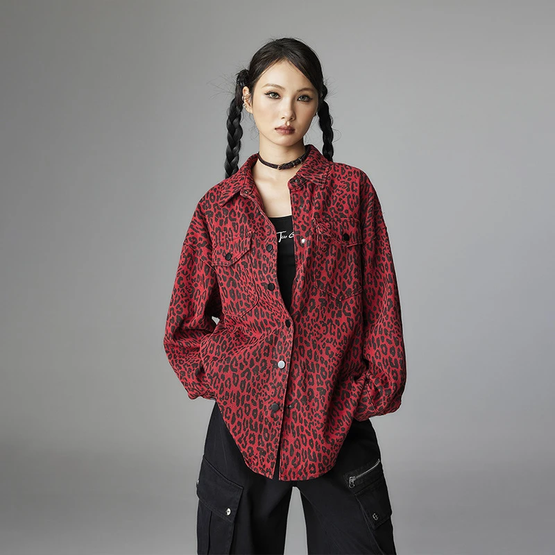 设计师潮牌豹纹衬衫秋季2024宽松长袖衬衣个性上衣外套女D40564