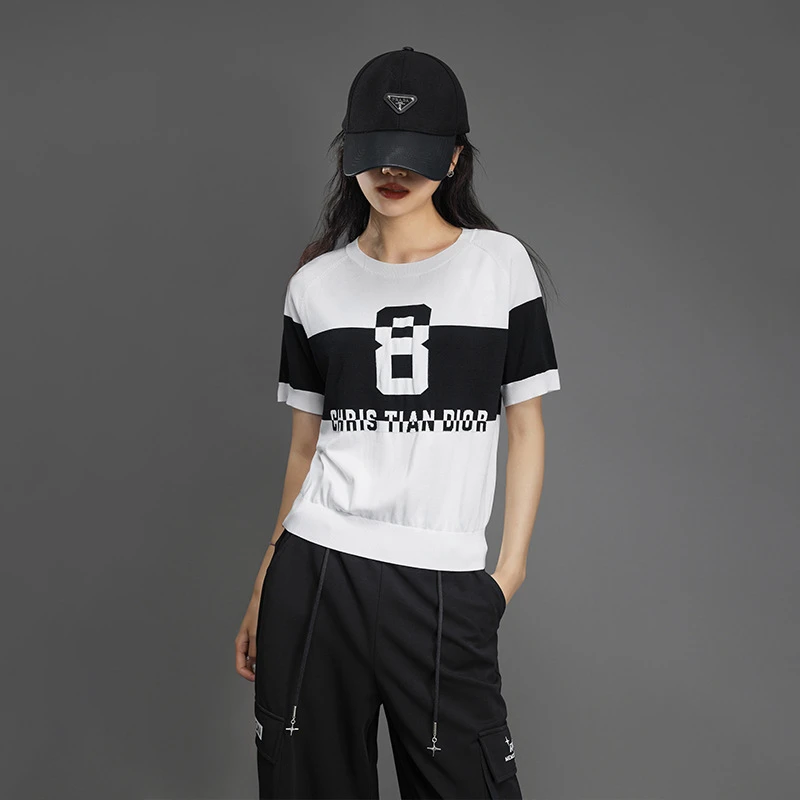 扎哈春夏新款条纹针织T恤女圆领宽松港味通勤百搭短袖X40616