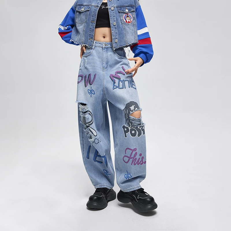 牛仔裤时尚休闲宽松破洞印花拼接夏季c40124