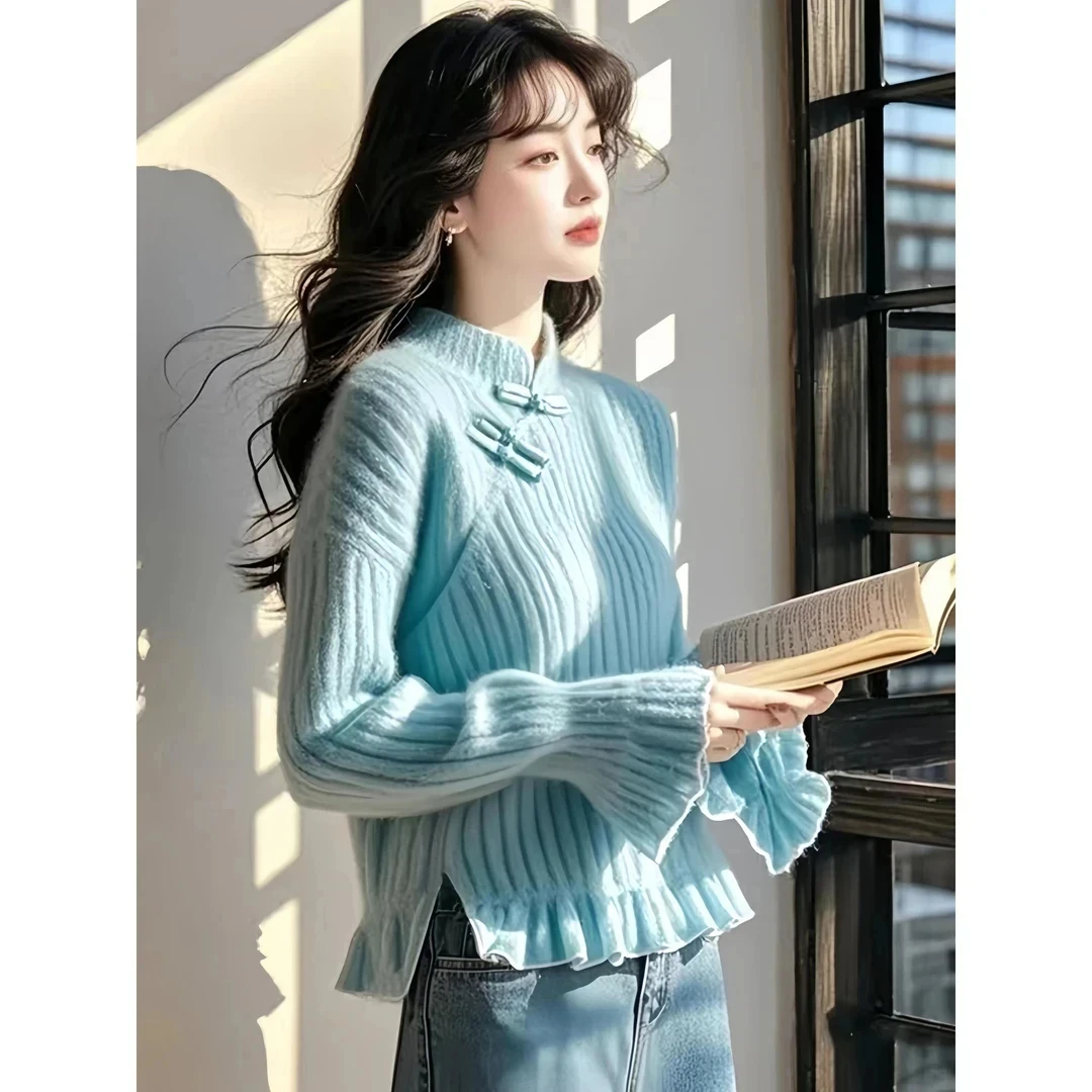 新中式独特漂亮蓝色盘扣针织毛衣女款2024年新款深秋初冬打底内搭