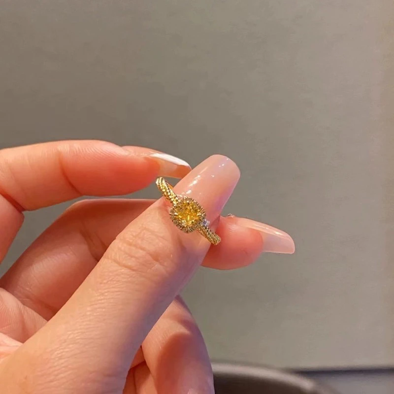 钛钢戒指 不掉色轻奢高级小方糖黄钻戒指甜美风可调节开口戒A404