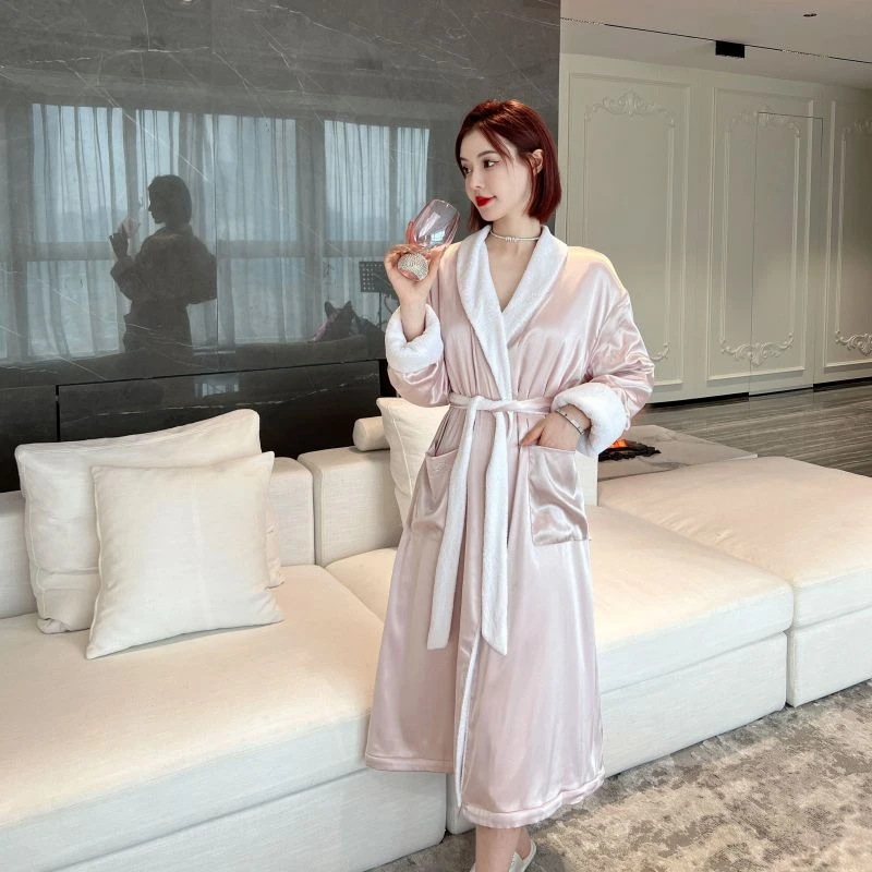 DIMDEVL/汀黛仙女纯欲风粉色灰色浴袍系带加厚情侣家居服长款浴衣