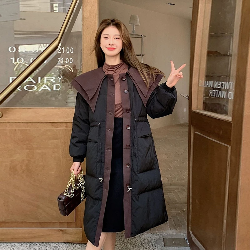 羽绒服女中长款冬季新款时尚收腰海军领白鸭绒外套