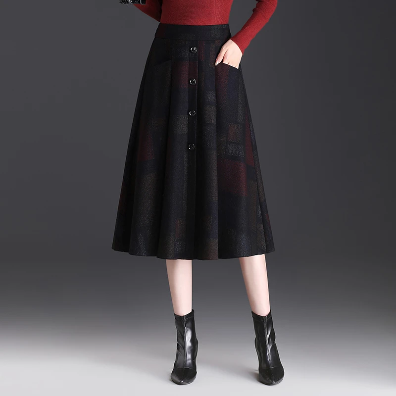 毛呢格子半身裙冬季长裙女时尚百搭a字百褶裙加厚高腰大码半裙秋