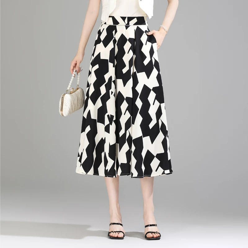 印花醋酸半身裙妈妈长裙女夏感a字百褶裙洋气大码胖mm大摆裙