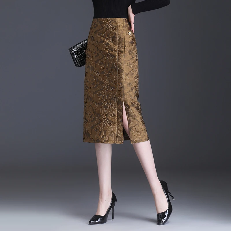 提花新中式半身裙中长款高腰印花包臀裙2023新款高腰气质一步裙春