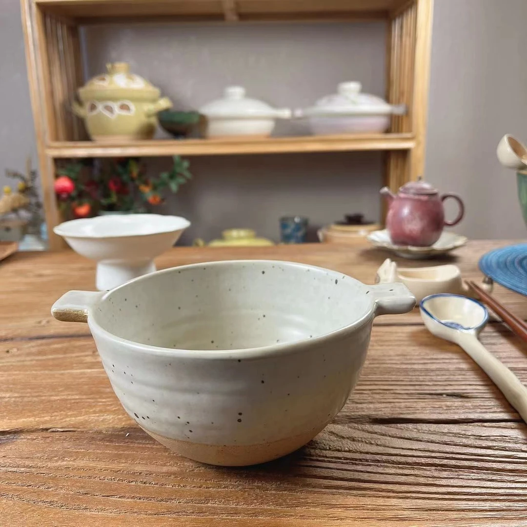 陶乐记粗陶双耳碗方耳朵汤碗哑光双耳碗复古陶瓷水果碗日式米饭碗