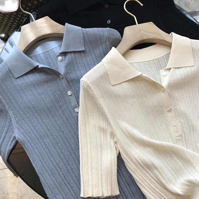 polo领针织衫短袖女冰丝t恤上衣夏季薄款翻领修身百搭显瘦打底衫