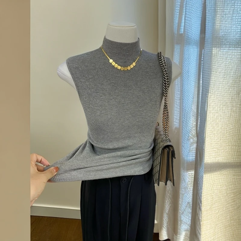 半高领针织小背心女2024秋季新款无袖内搭春秋中领黑色毛衣打底衫