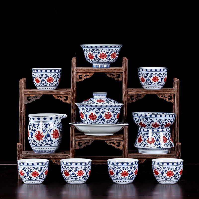 七承堂釉里红缠枝莲盖碗茶杯子家用功夫泡茶碗陶瓷景德镇茶具套装
