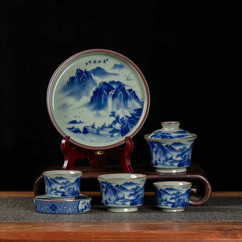 景德镇青花瓷马蹄三才盖碗茶杯6件套装陶瓷泡茶碗家用茶具礼盒装