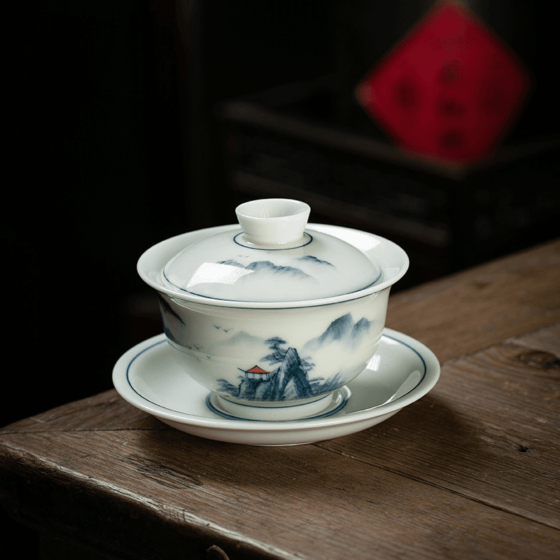 景德镇盖碗茶杯大号青花瓷山水家用泡茶三才杯陶瓷敬茶碗功夫茶具