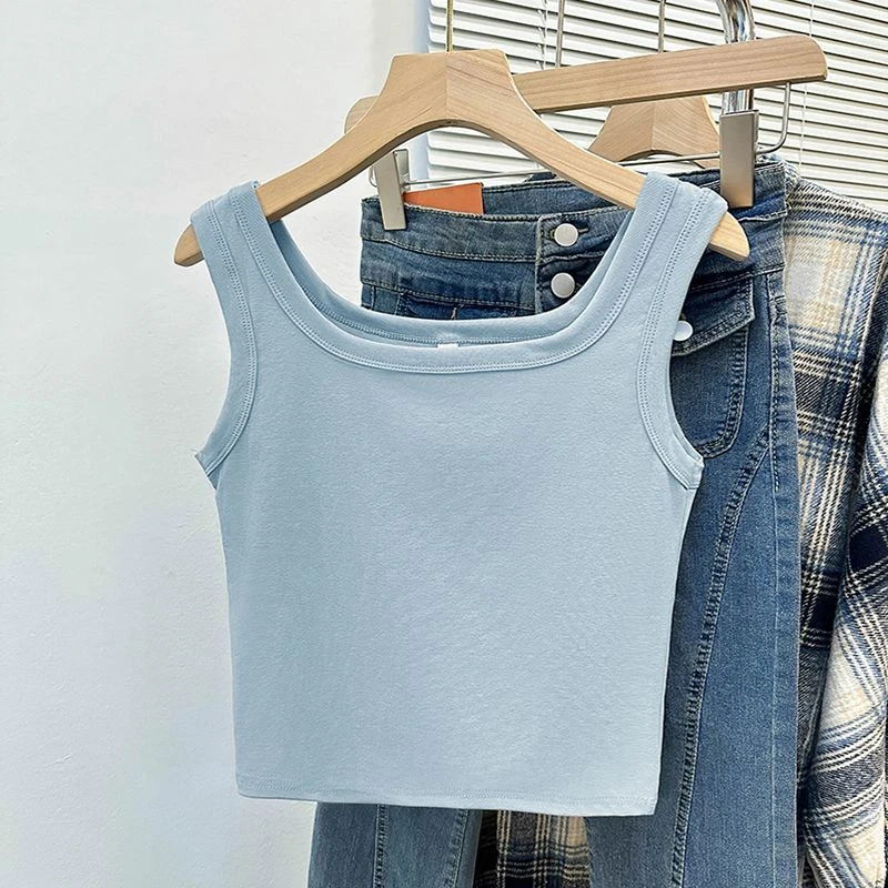韩版夏季方领无袖简约纯色外穿上衣新款纯棉内搭打底吊带背心女