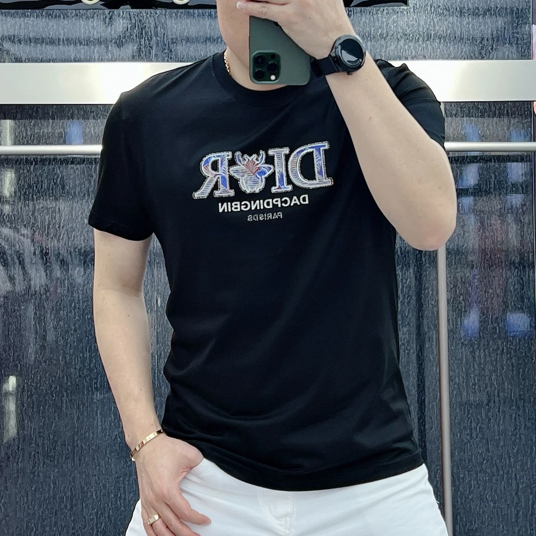 2024夏季新款百搭轻奢半袖时尚休闲高品质修身男士印花圆领短袖潮