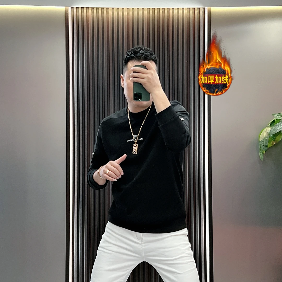 2024冬季男士圆领卫衣时尚休闲百搭潮流韩版修身加绒加厚套头卫衣