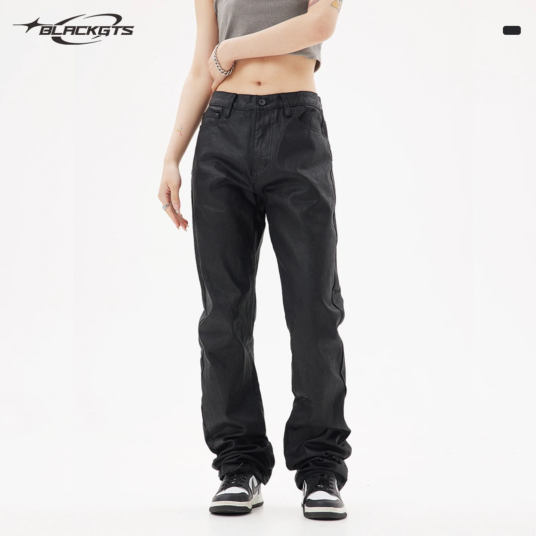 OREETA 美式冲锋牛仔裤男高街黑色显瘦牛仔裤潮牌水洗直筒长裤