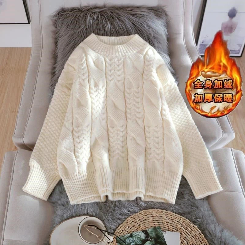 圆领毛衣女套头外穿加厚秋冬季新款宽松慵懒风麻花上衣打底针织衫