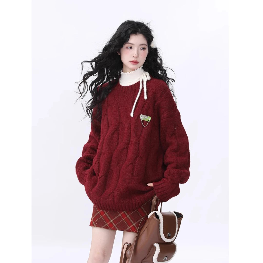 秋冬新款软糯针织圆领毛衣潮纯色休闲宽松百搭长袖上衣女日系加厚