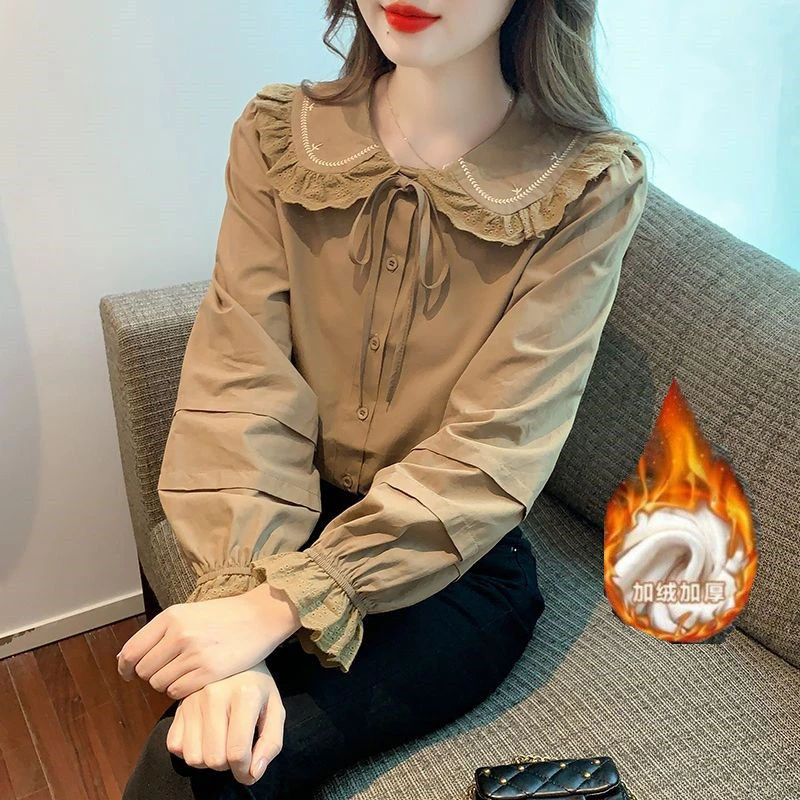 2023加绒加厚甜美日系娃娃领设计感别致刺绣花边系带长袖衬衫