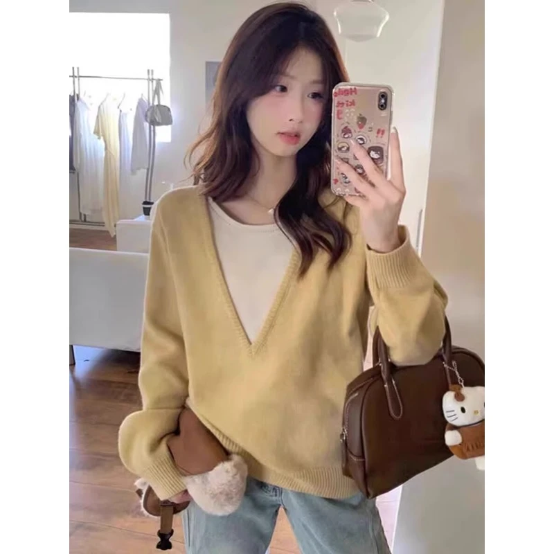 假两件针织衫毛衣女2025秋冬季新款拼色设计感软糯慵懒风长袖上衣