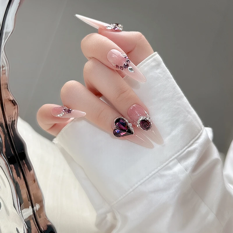 【雀色藕荷】施华洛紫色系爱心钻细闪甲面色彩描绘晕染长款穿戴甲