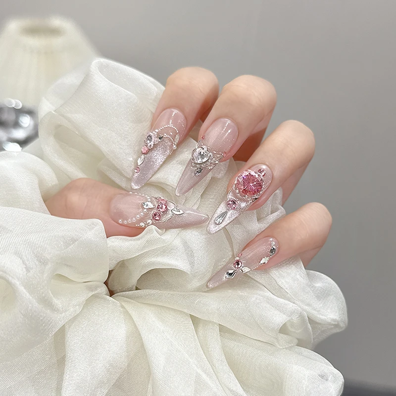 【如你风致】莫桑钻粉色系大颗晶钻点缀少女风渐变猫眼长款穿戴甲