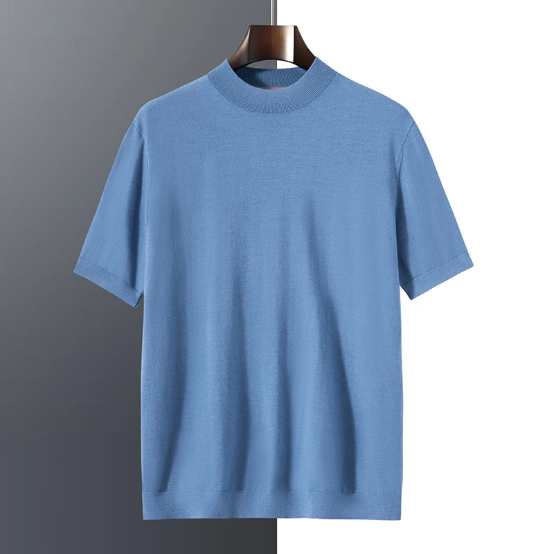 13男士百分百精纺羊毛纯色百搭被小半高领短袖纯色半截袖纯色大码