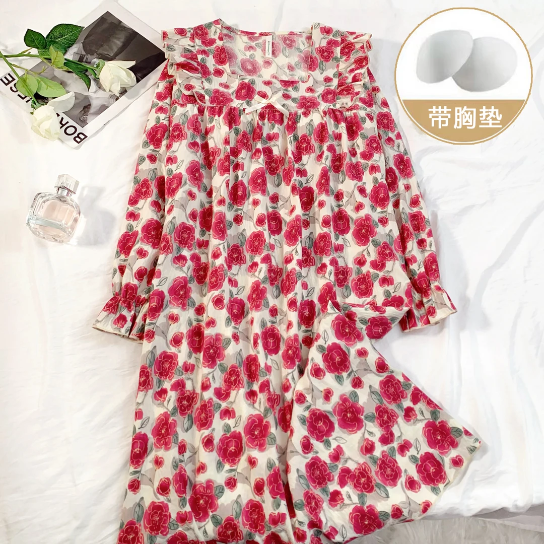 【带胸垫】春秋季女ins风甜美休闲舒适家居服可外穿睡裙-4009