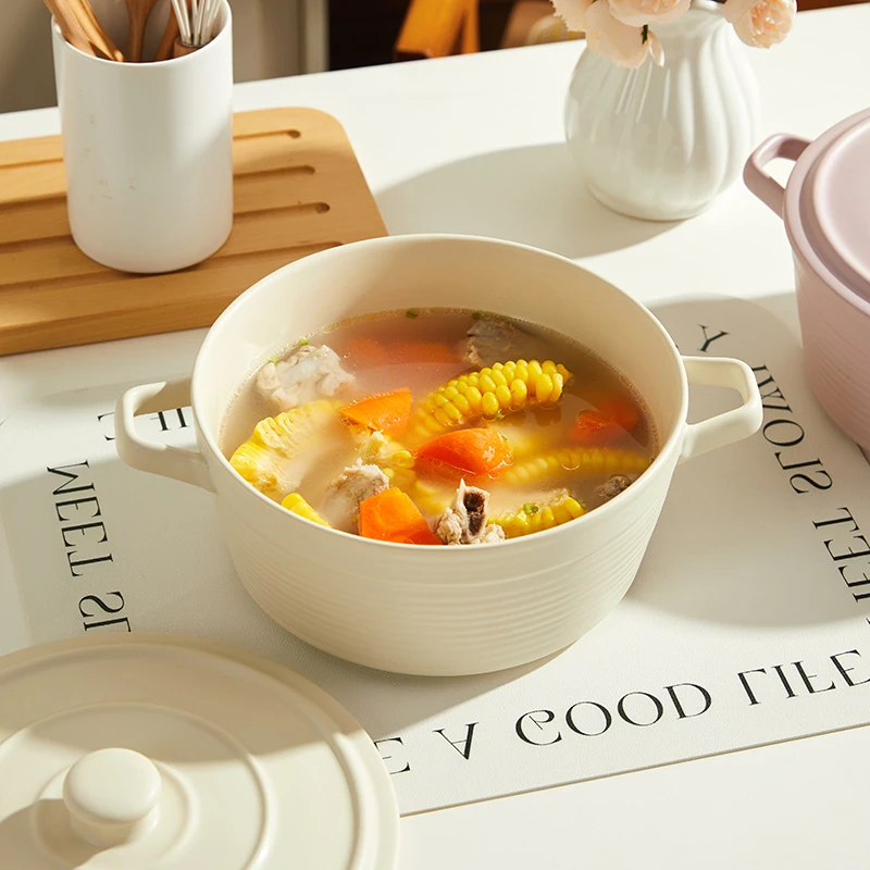 新奶油三色2.5L双耳汤碗釉下彩家用易清洗陶瓷不可明火