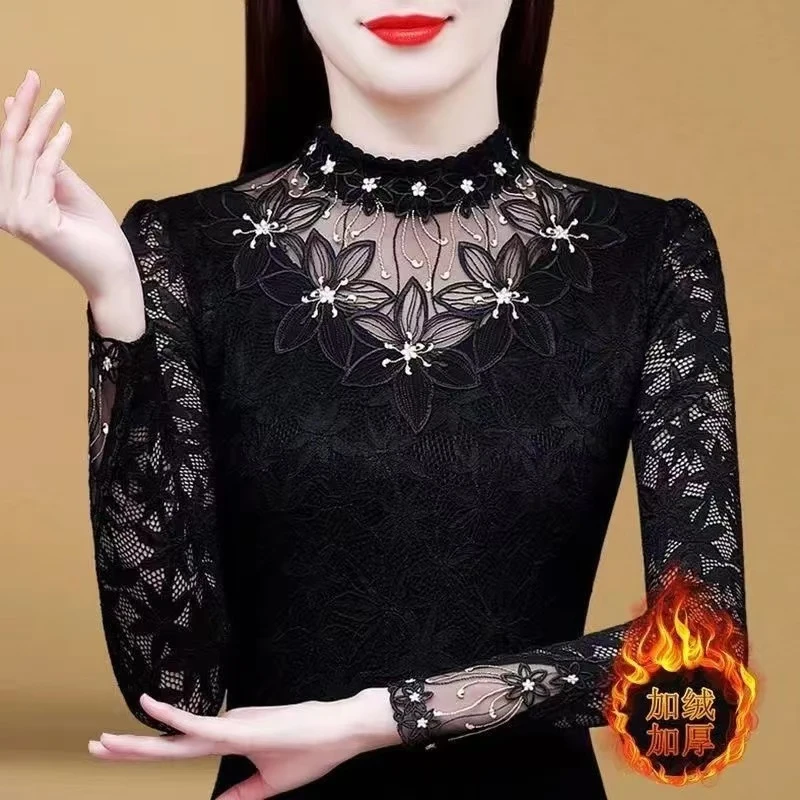 秋冬季2025半高领蕾丝打底衫女长袖加绒加厚网纱内搭显瘦保暖上衣