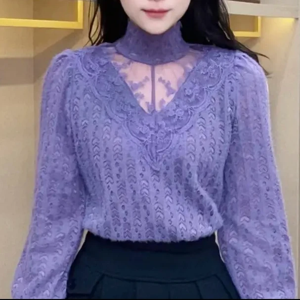 蕾丝半高领网红2025打底衫女遮肚显瘦小衫新款别致胖人打底衫