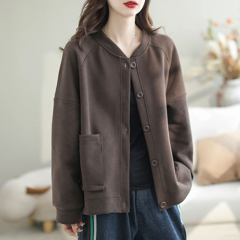 2024春秋新品简约休闲纯色大口袋棒球服百搭休闲开衫上衣女外套