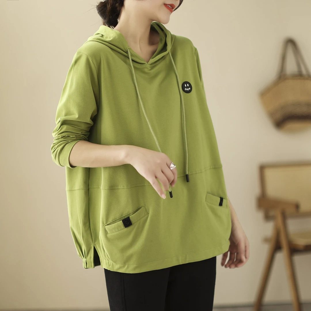 纯棉连帽卫衣女2024新款春装文艺休闲显瘦纯色拼接套头女装外套女