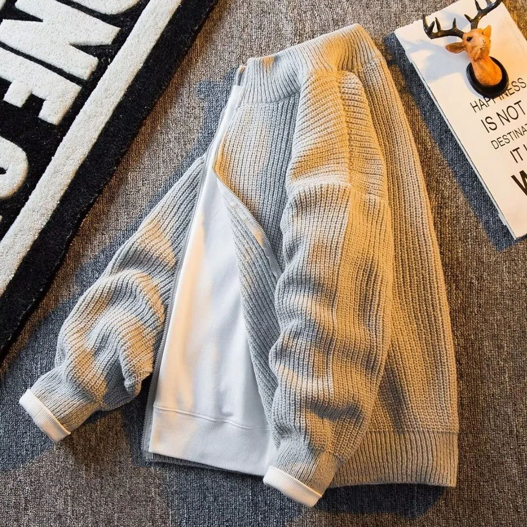 毛衣外套男春秋季日系潮牌重磅宽松立领针织开衫男士百搭休闲上衣