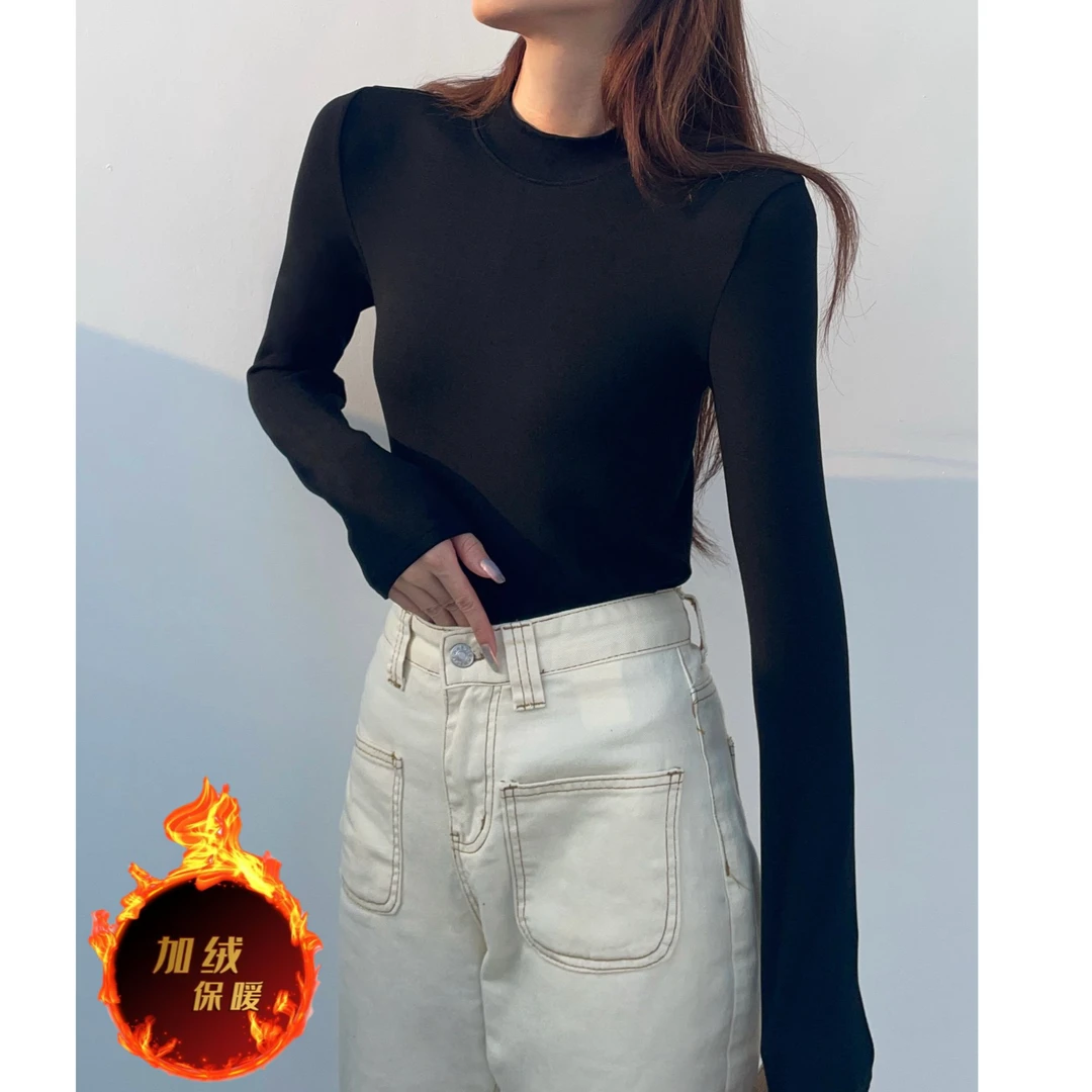 【加绒加厚】半高领弹力长袖t恤女2024冬季新款高级上衣百搭套头