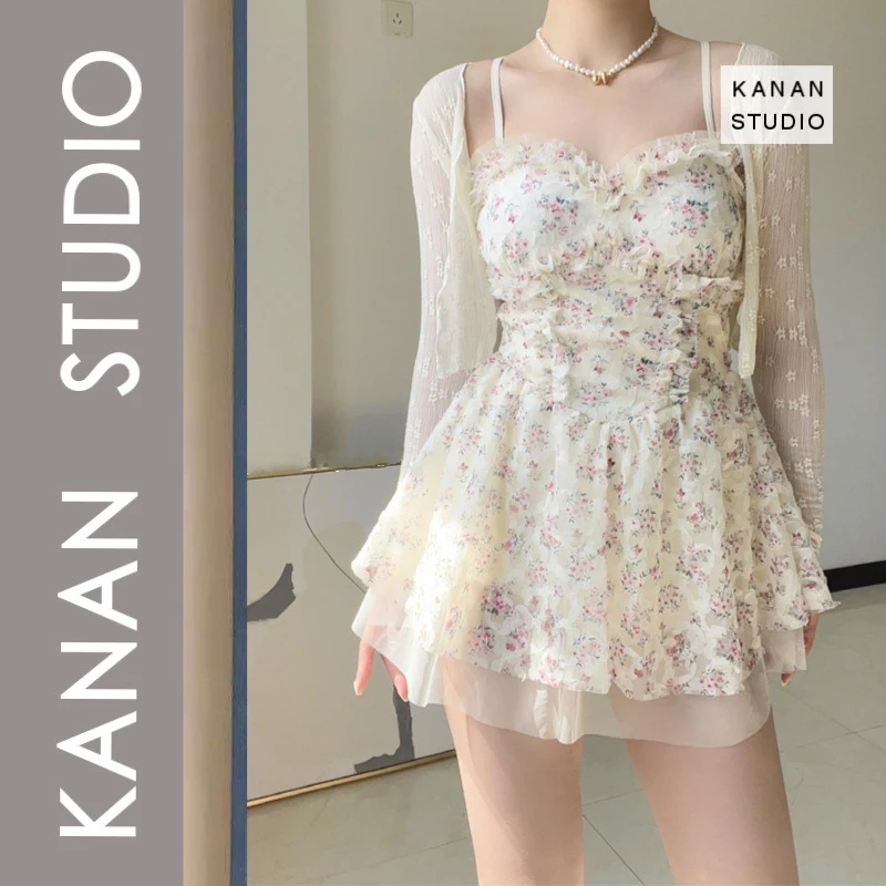 泳衣女夏纯欲风蕾丝碎花性感连体裙式两件套罩衫泳装显瘦