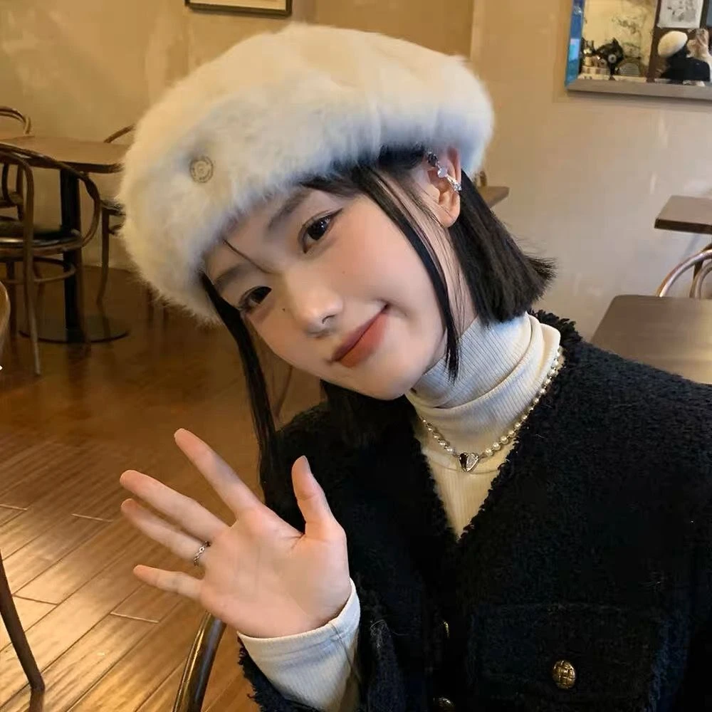 兔毛贝雷帽女秋冬季韩版显脸小保暖蓓蕾画家帽日系大头围毛绒帽子