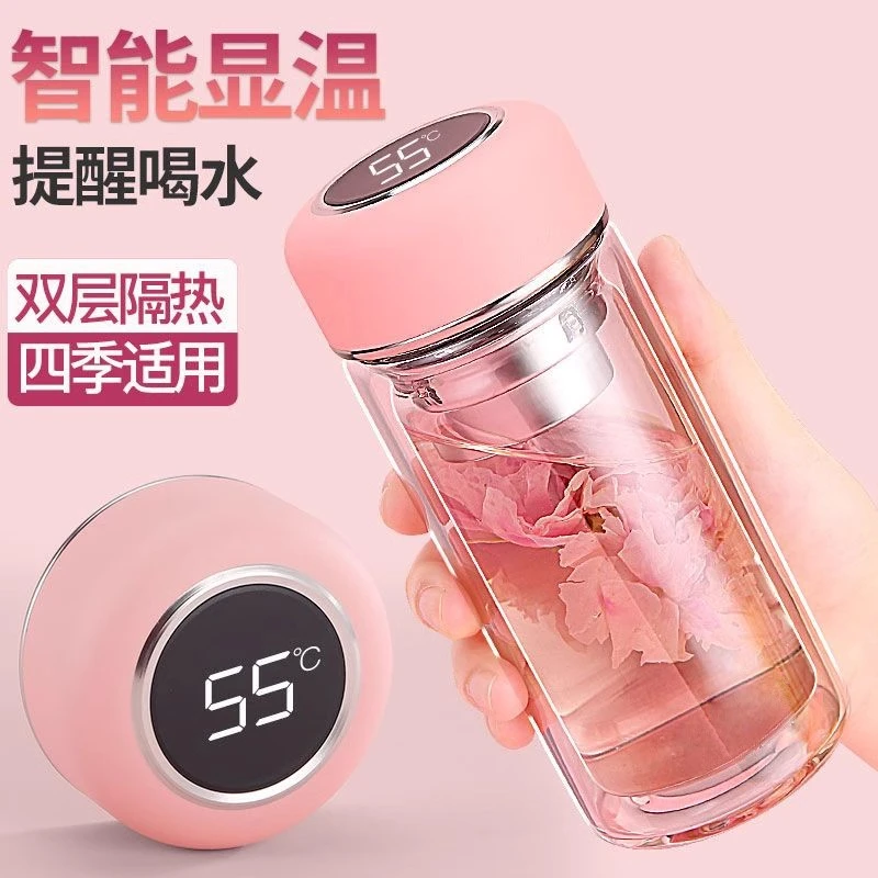 双层加厚耐热防爆便携式可爱玻璃杯智能显温高颜值办公室水杯高档