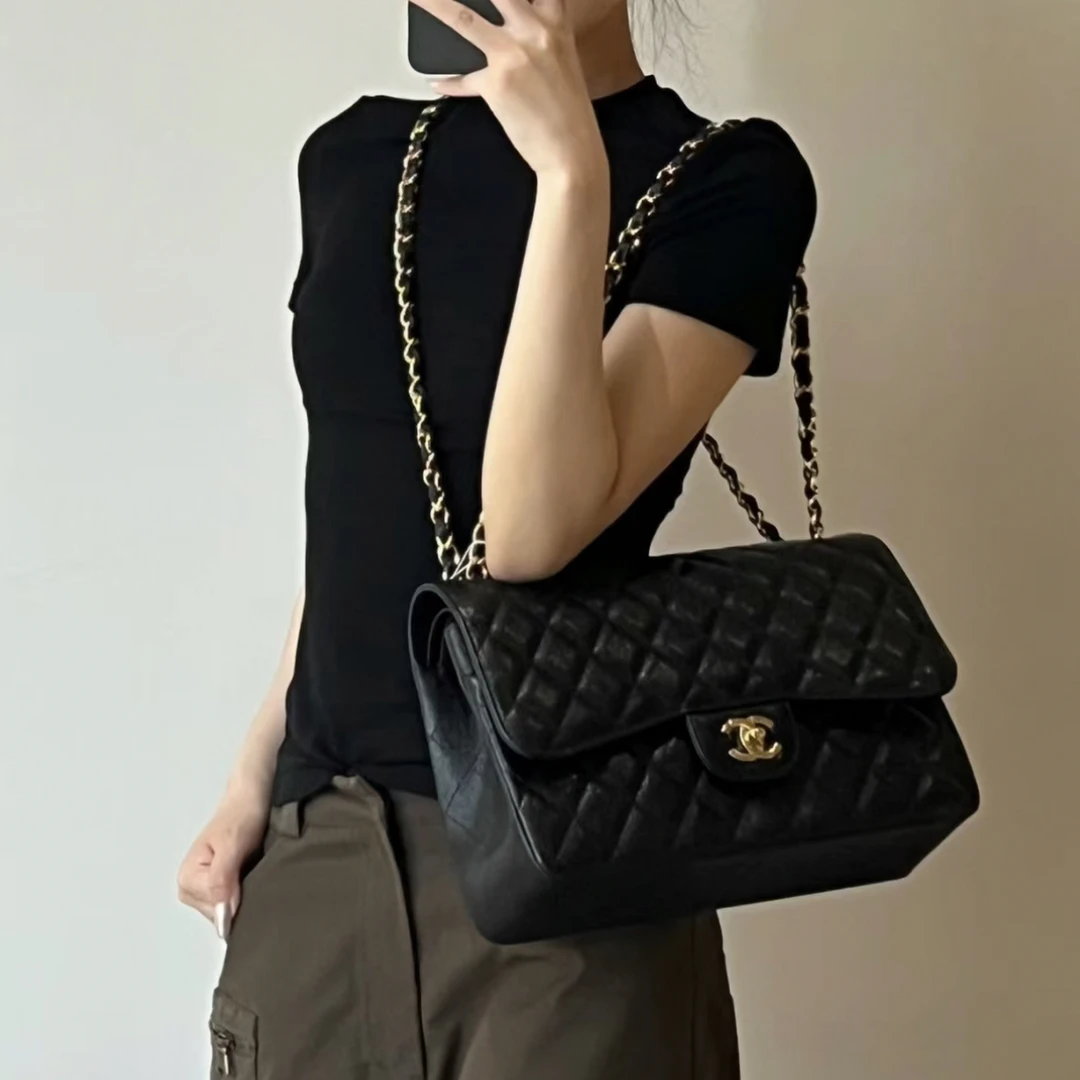 99新 Chanel/香奈儿 艾瑟尔奢品/黑金双盖jumbo单肩包/2113格纹