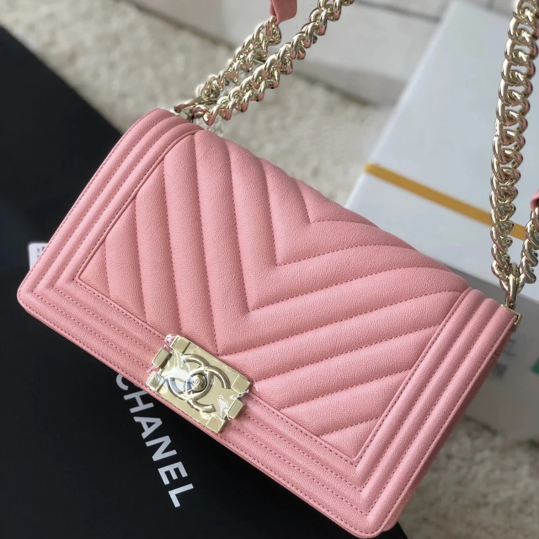 95新 Chanel/香奈儿 艾瑟尔奢品/粉金荔枝中号leboy单肩包/9216